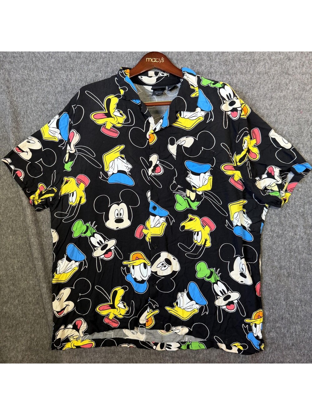 Disney Shirt Mens 3XL Black Mickey Mouse Donald Goofy Pluto Print Button Up